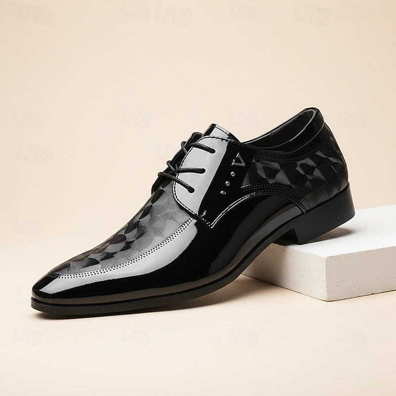 Men's Black and White Patent Leather Oxford Shoes with Geometric Pattern - Classic Dress Shoes for Formal Occasions and Weddings 2026 - €24.99