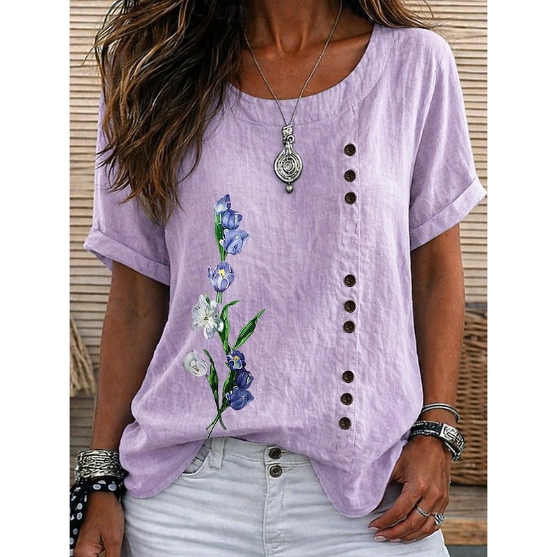 Blouse Buttons Floral Graphic Elegant Short Sleeve Crew Neck Regular Tops