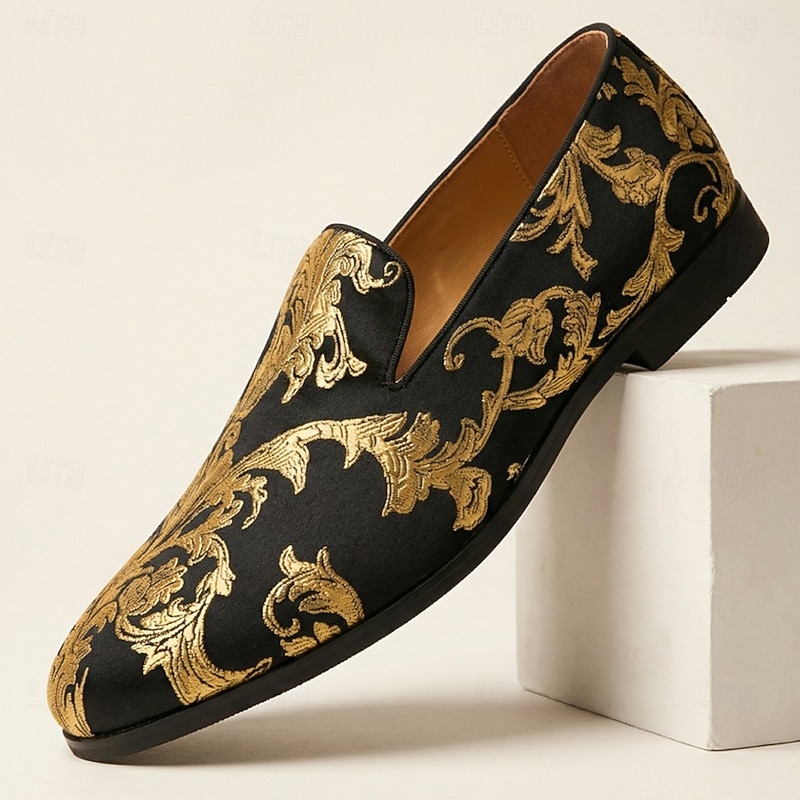 Men's Black Gold Baroque Loafers Slip-On Embroidered Dress Shoes Luxury Formal Footwear for Weddings, Banquets, Parties, Prom, Stage Performances and
