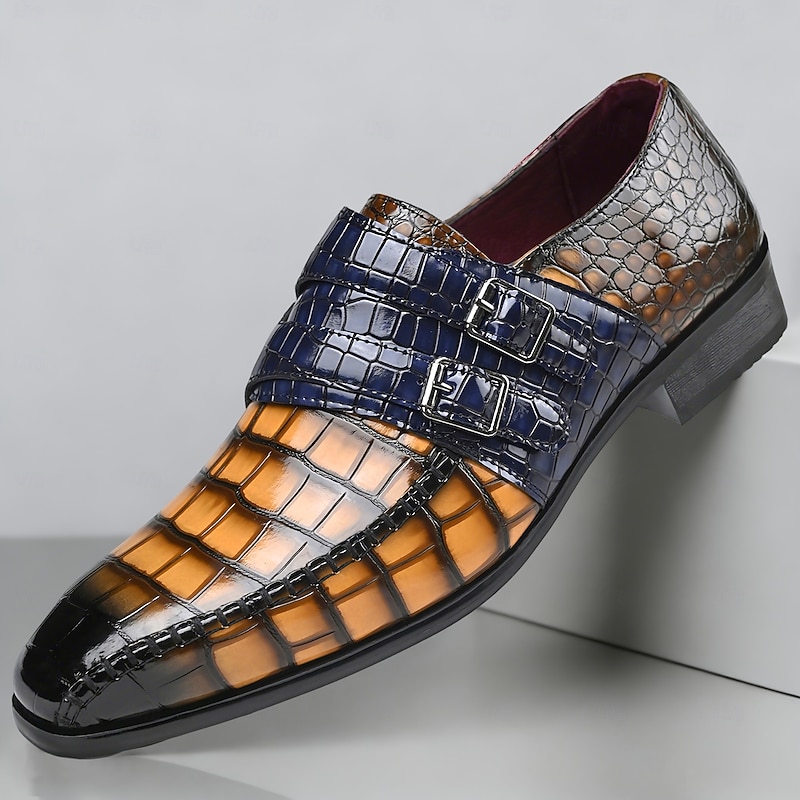 Men's Brown Blue Croc-Embossed Monk Strap Dress Shoes Pointed Toe Formal Footwear for Weddings, Banquets, Parties, Prom, Office and Bold Gentleman Ev
