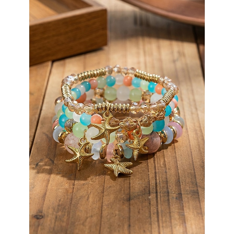 Women's Boho Alloy Glass Beaded Starfish Charm Bracelet Set
