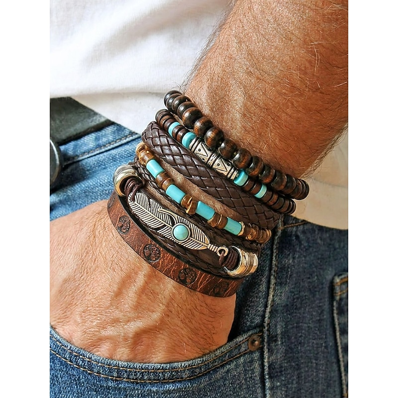Men's 6Pcs Boho Leather Wrap Bracelet Set