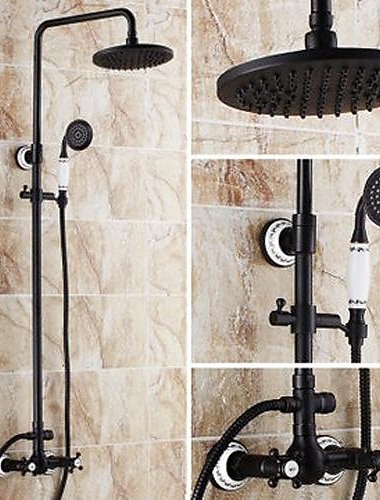  Juego de sistema de ducha de dos manijas, grifo de latón negro, grifos mezcladores de ducha de alta presión de lluvia galvanizados ajustables de tres orificios con ducha de lluvia y ducha de mano