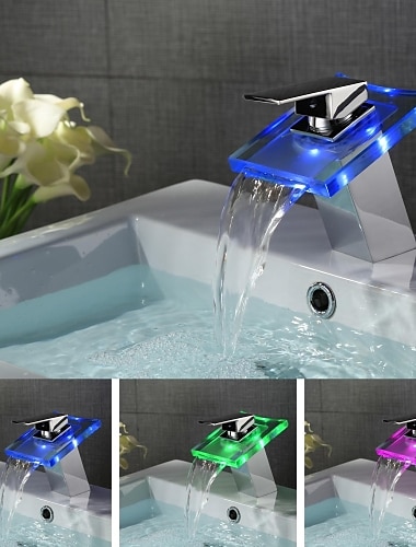  LED-Waschtischarmatur, Messing-Wasserfall, 3-farbiger, temperaturgesteuerter Glasauslauf, moderner Stil, Chrom-Finish, Einhandgriff, ein Loch mit Heiß- und Kaltschalter