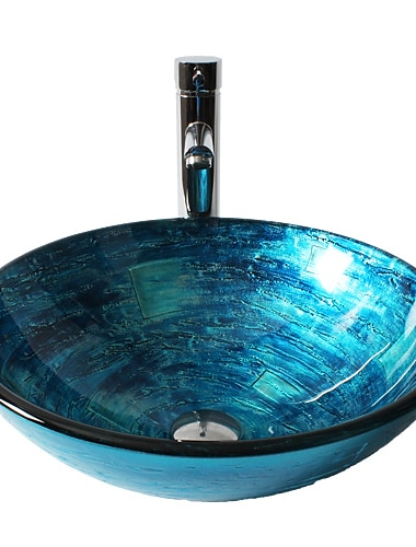  blauwe ronde chromen glazen waskom van gehard glas met rechte buiskraan, wasbaksteun en afvoer