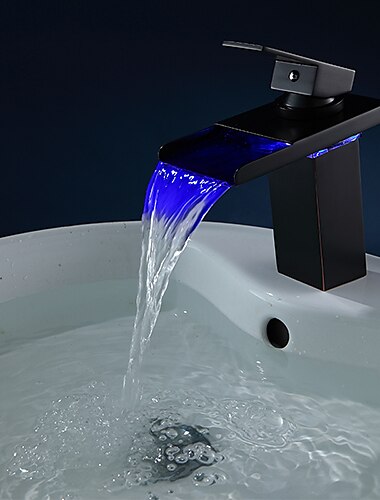  grifo de lavabo de baño de latón, grifos de baño de fuente de alimentación led de flujo de agua de un solo mango de bronce frotado con aceite de cascada con material de manija de aleación de zinc,