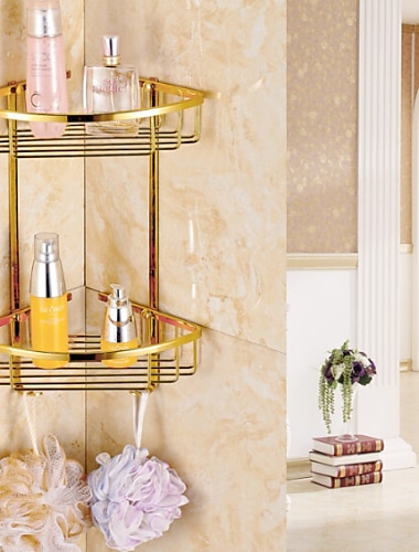 ντουζιέρα διώροφο ορειχάλκινο υλικό τριγωνικό καλάθι αποθήκευσης για μπάνιο με 2 γάντζους γυαλισμένο μπάνιο γωνιακό ράφι χρυσό 1τμχ