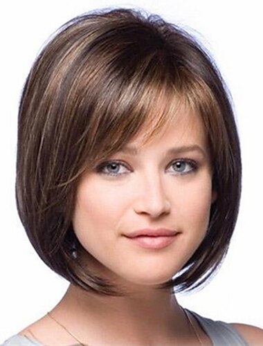  perruques brunes pour femmes perruque synthétique droite droite bob avec frange perruque courte cheveux synthétiques bruns surlignés / balayage partie latérale des cheveux brun