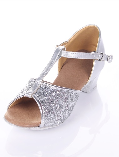  Pentru femei Încălțăminte latină Sală Dans Pantofi Salsa Pantofi Spumante Sandale Strălucire Toc Jos Buclă Centură-T Pentru copii Negru Argintiu Auriu