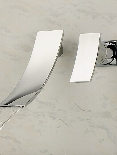  Robinet d'évier de salle de bain, style moderne en acier inoxydable, conception en forme de glissière, montage mural, cascade, chrome, poignée unique, robinets de bain à deux trous avec interrupteur