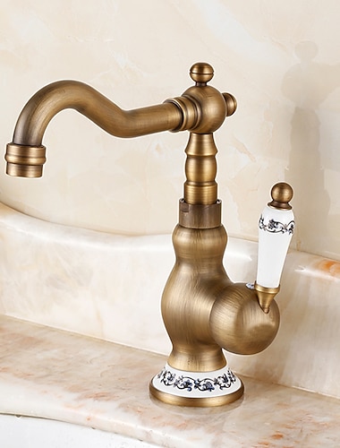  Waschbecken Wasserhahn, antikes Messing Retro-Stil Einhand-Einloch-Standard-Auslauf drehbarer Wasserhahn-Set mit Keramikgriff und heißem / kaltem Wasser