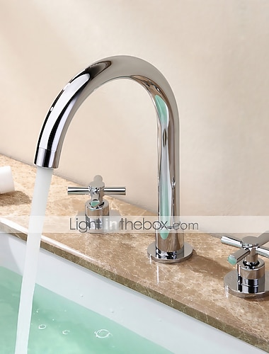  messing badkamerkraan, chroom twee handgrepen drie gaten wijdverspreide eigentijdse wastafelkraan met warm en koud water