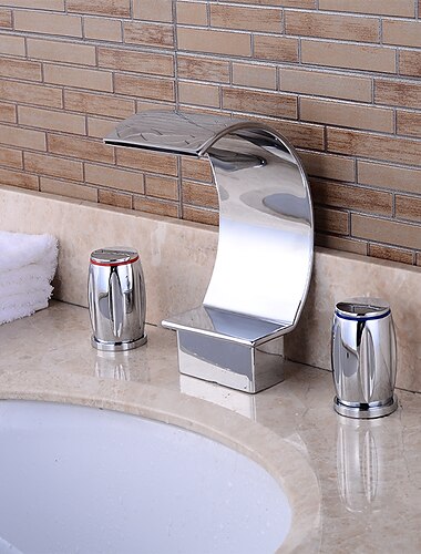  wijdverspreide wastafelkraan in de badkamer, twee hendels met drie gaten, messing waterval chromen badkranen