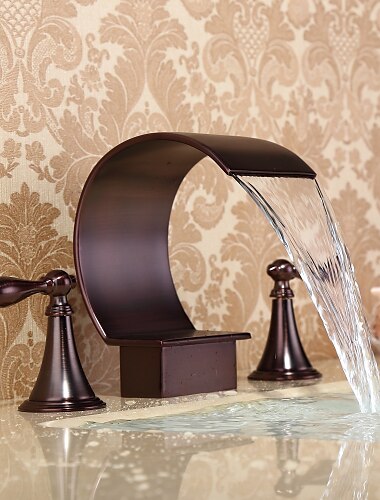  wijdverspreide wastafelkraan in de badkamer, twee hendels met drie gaten, messing waterval olie-gewreven bronzen badkranen