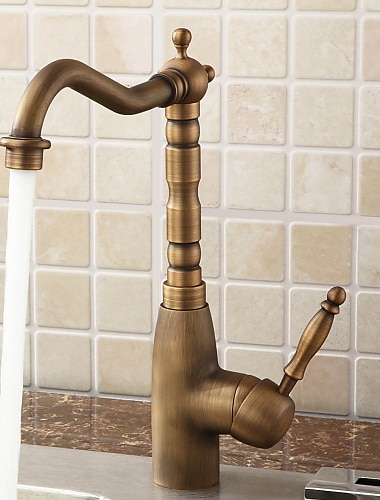  Kitchen Sink Mixer Faucet Traditional, 360 Rotating Kitchen Vessel Taps Antique Brass Retro Style Single Handle One Hole with Hot and Cold Water Hose