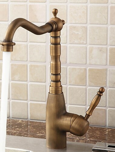  Küchenspüle-Mischbatterie, traditionell, 360 drehbare Küchenwasserhähne, antikes Messing, Retro-Stil, Einhandgriff, ein Loch, mit Warm- und Kaltwasserschlauch
