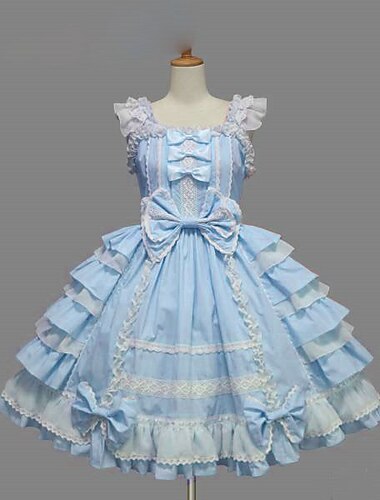  Süße Lolita Übergröße Urlaubskleid Kleid Ärmellose Kleider Damen Mädchen Baumwolle Japanisch Cosplay Kostüme Purpur / Gelb / Blau Einfarbig Schleife Kappe Kurzarm Kurz / Mini / Hochelastisch