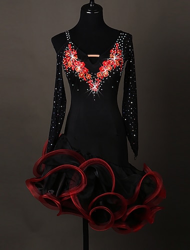  Платье для латиноамериканских танцев сальса со стразами и стразами женское для тренировок для выступлений с длинными рукавами из спандекса и органзы