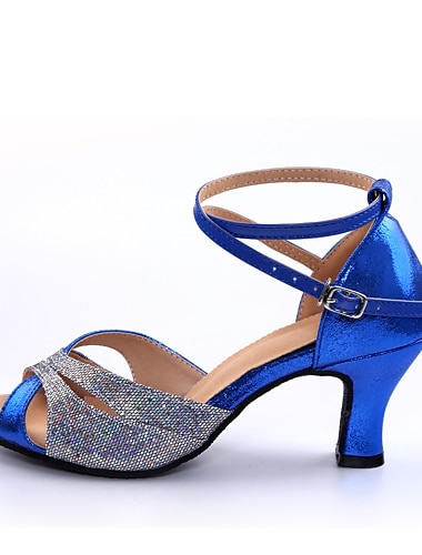  Women's Latin Dance Shoes Dance Shoes Performance Stage Indoor Sparkling Shoes Heel Glitter Splicing Buckle Red Blue