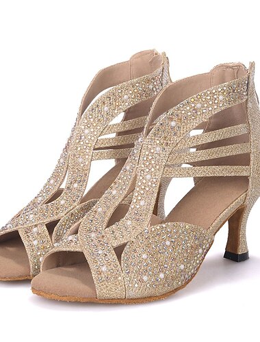  Pentru femei Încălțăminte latină Pantofi Salsa Pantofi De Dans Interior Performanță ChaCha Sandale de cristal Sandale Călcâi Toc evazat Fermoar Auriu Negru Argintiu / Sclipici Spumant