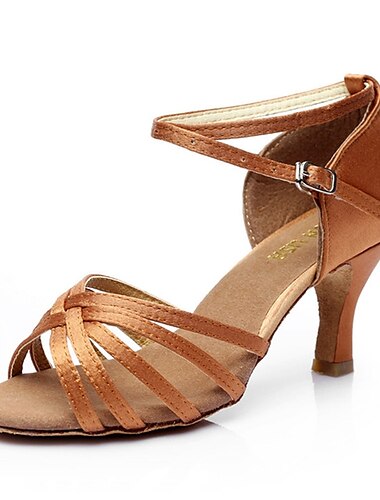  Chaussures de danse latine pour femmes – Talons à lanières en satin beige avec bride à la cheville pour la salsa, la bachata et l'entraînement