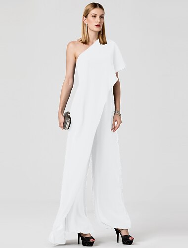  Overállok Szexi Ruha Formális Estélyi Padlóhosszú Ujjatlan Egy Vállas Őszi Esküvői Vendég Chiffon Drappal