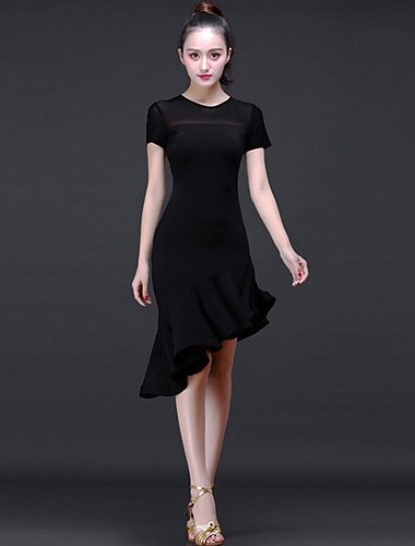  فستان رقص لاتيني مزخرف بأداء تدريب نسائي بأكمام قصيرة فستان الكنيسة عالي الوسائط للمرأة يوميًا