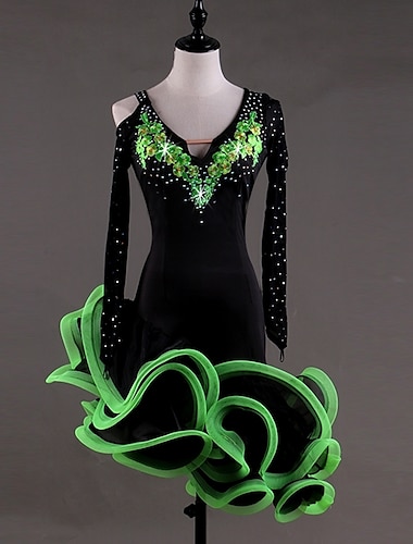  платье для латиноамериканских танцев сальса аппликации кристаллы/стразы женское выступление длинный рукав высокий спандекс жоржет