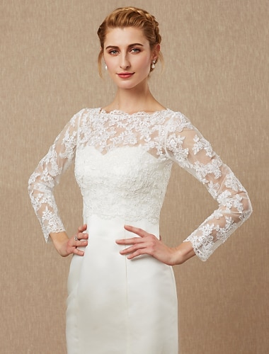  manches longues haussement d'épaules dentelle / tulle automne mariage / fête / soirée cache-coeur pour femme avec appliqués / bouton