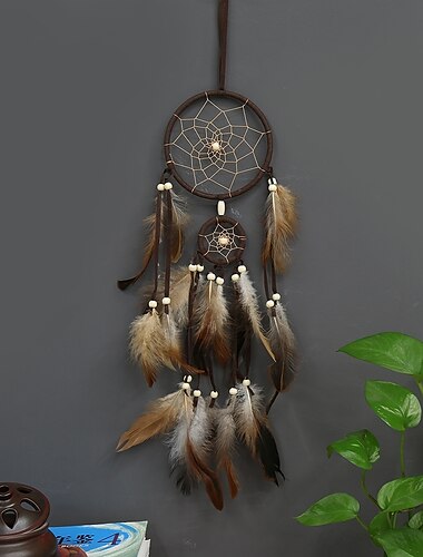  Atrapasueños, regalo hecho a mano con círculo pequeño, pluma degradada y cuentas, decoración para colgar en la pared, arte estilo indio, 55 * 11 cm