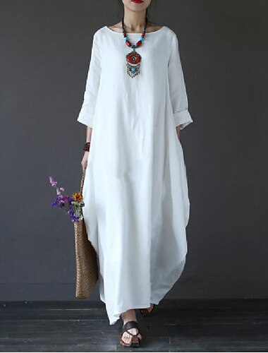  Vestido longo maxi feminino 100% algodão, vestido estilo kaftan em imitação de algodão e linho, vestido branco básico casual para uso diário e férias, modelagem solta, cor lisa, manga 3/4, decote canoa, nas cores branco, vermelho e verde.
