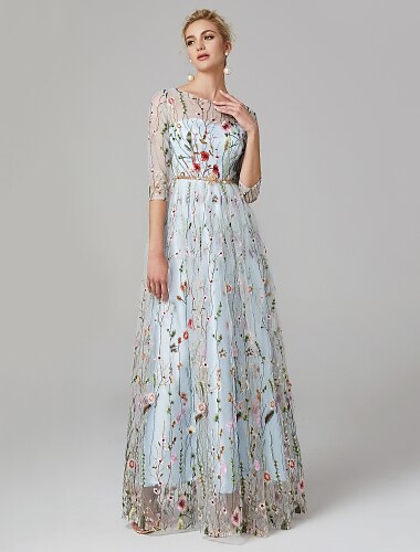  Vestido de noite linha a vestido de festa vestido floral feriado casamento convidado comprimento até o chão manga 3/4 ilusão pescoço renda com bordado 2024