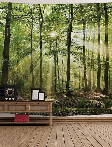  טבע קיר שטיח קיר תפאורה וילון שמיכת מפת שולחן פיקניק תליית חדר שינה סלון מעונות קישוט נוף יער שמש דרך עץ