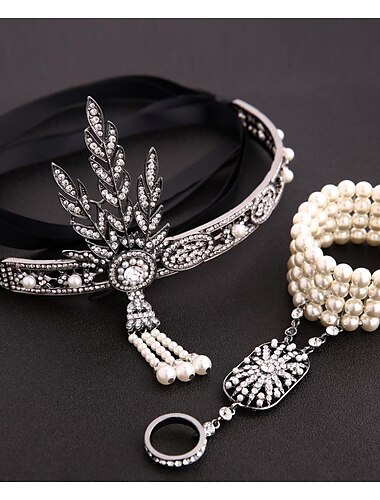  Vintage Art déco / Retro Goldene Zwanziger Flapper-Stirnband Zubehörset Kopfschmuck Sklavenarmband Der große Gatsby Charleston Hochzeitsgast Blatt Krone Damen Weihnachten Halloween Karneval Party