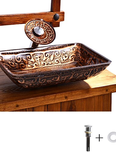  Bathroom Sink Faucet Suit Contain with Zinc Alloy Bathroom Mounting Ring Antique Tempered Glass Rectangular Vessel Sink and Brass Water Drain