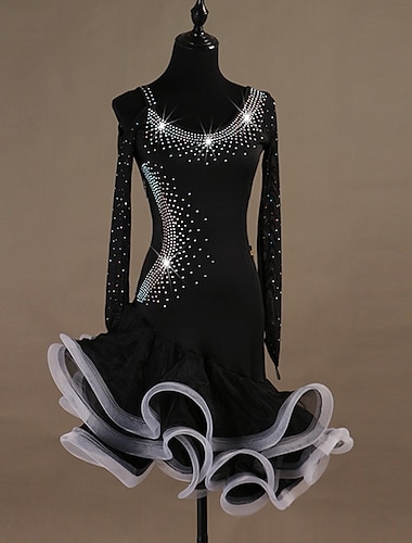  платье для латиноамериканских танцев сальса со стразами и кристаллами женское тренировочное с длинными рукавами из тюля из спандекса