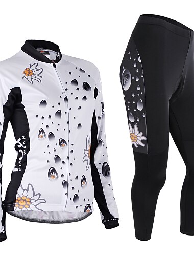  Nuckily Dames Lange mouw Wielrenshirt met strakke wielrenbroek Wit Zwart Flora Botanisch Fietsen Sportoutfits Winddicht Ademend Anatomisch ontwerp Reflecterende strips Achterzak Sport Polyester Lycra
