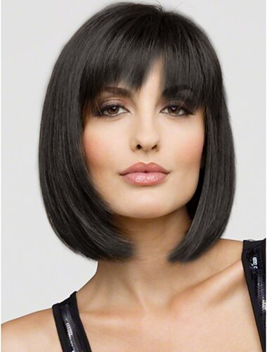  Echthaarmischung Perücke Kurz Glatt Bob Bubikopf Kurze Frisuren 2020 Gerade Mit Pony Kappenlos Damen Schwarz Blondine Braun mit Blond 30 CM
