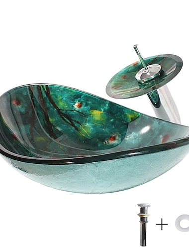  Art Tempered Glass Wash Basin with Chrome Faucet Finish,Rectangular Sink Shape Bathroom Faucet