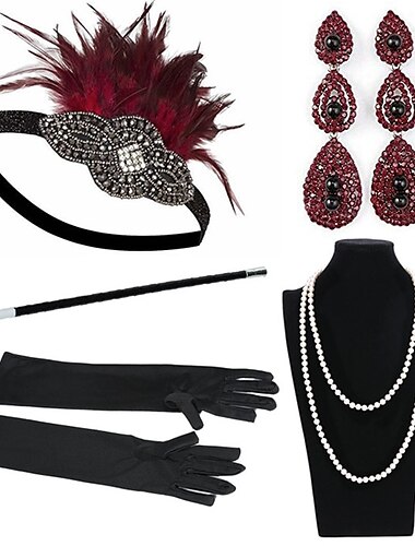 Vintage Goldene Zwanziger 1920er Kostümzubehör-Sets Handschuhe Halskette Kopfschmuck Ohrringe Perlenkette Der große Gatsby Charleston Hochzeitsgast Feder Federn Damen Party Abschlussball