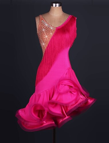  Dança salsa vestido de dança latina franjas borla cristais/strass desempenho de treinamento feminino sem mangas alto elastano tule