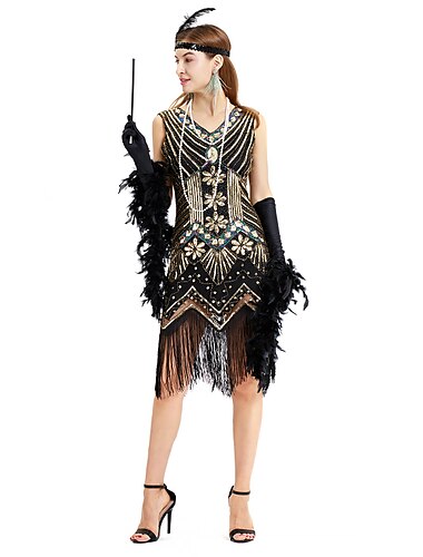  Goldene Zwanziger 1920er Cocktailkleid Mittlere Länge Flapper Kleid Kleid Abschlussballkleid Ärmellos Der große Gatsby Charleston Übergrössen V-förmiger Draht-Ausschnitt Damen Party Abschlussball