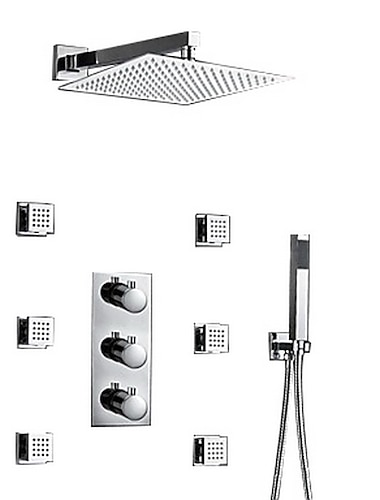  douchekraan, 12 inch chromen douchekranensets compleet met messing douchekop en massief messing handdouche + wandgemonteerde regendouchekopsysteem (bevatten bodysprays, douchearm, handdouche)