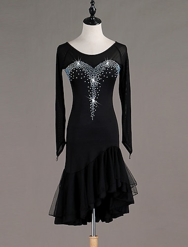  платье для латиноамериканских танцев сальса со стразами и кристаллами женское для тренировок для выступлений с длинными рукавами из тюля из спандекса