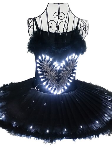  LED Effets superposés Court Robe Tutu Jupe bulle Sans manches Danseur de ballet Cygne noir LED Spag Femmes Fille Noël Soirée Enfant Adulte Robe