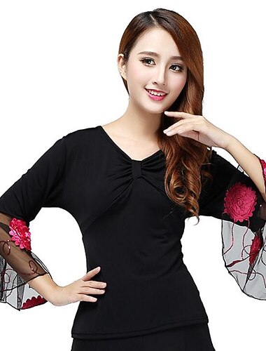  ריקודים סלוניים עליון אפליקציות מפרק מפוצל בגדי ריקוד נשים הדרכה הצגה שרוולים קצרים רשת פוליאסטר