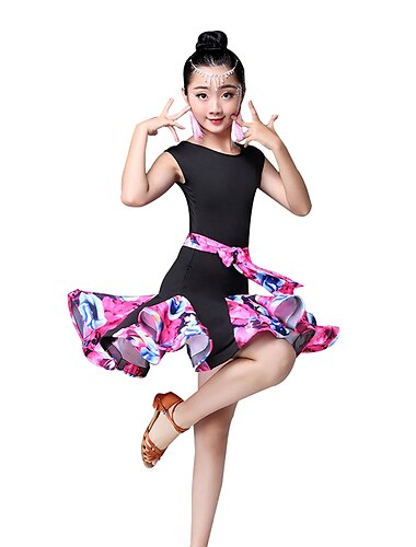  Λάτιν Χοροί Παιδικά Ρούχα Χορού Φόρεμα Σχέδιο / Στάμπα Πλισέ Διαφορετικά Υφάσματα Κοριτσίστικα Επίδοση Αμάνικο Ψηλό Νάιλον