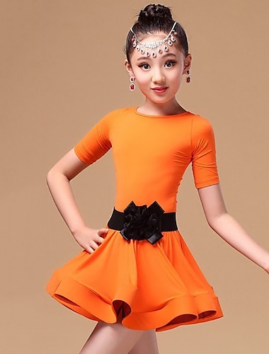  Latinamerikansk dans Barndanskläder Klänning Bälte / band Fallande volanger Flickor Träning Prestanda Kortärmad Elastan Pleuche Polyester