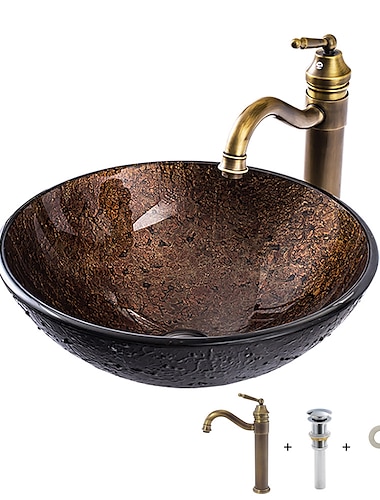 16.5 inch Bathroom Vessel Sink with Faucet Vintage Brass, Antique Tempered Glass Basin with Pop-Up Drain, Countertop Artistic Round Basin Bowl Set, Above Counter Vanity Sink