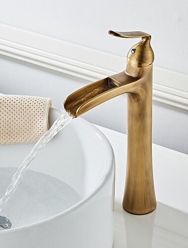  Robinet de salle de bain cascade, robinet de lavabo de salle de bain cascade en laiton à un trou en nickel rustique avec eau chaude et froide